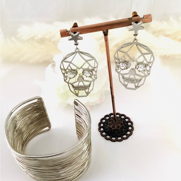 Skeleton Earrings Plus Bracelet with Fashion Diamond Eyes Silver Jewelry - Picture 4 of 5